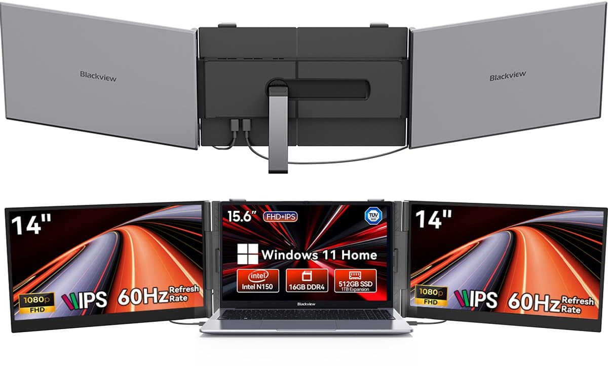Blackview Hibook6-N150 Laptop (16G+512G) + DCM6 14" Dubbele Draagbare Monitor Set, Efficiënt Kantoor Accessoires (Laptop Tas/Muis/Toetsenbordstickers, Grijs) — afbeelding 1
