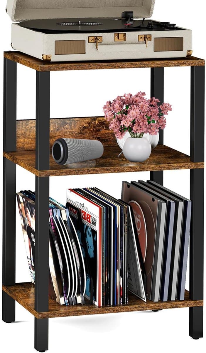 Signature Home LP Opbergsysteem - Platenspeler Meubel met opbergruimte - Vinyl Opbergsysteem - voor 100 albums - Stand Platenspelerstandaard - bruin - Zwart — afbeelding 1