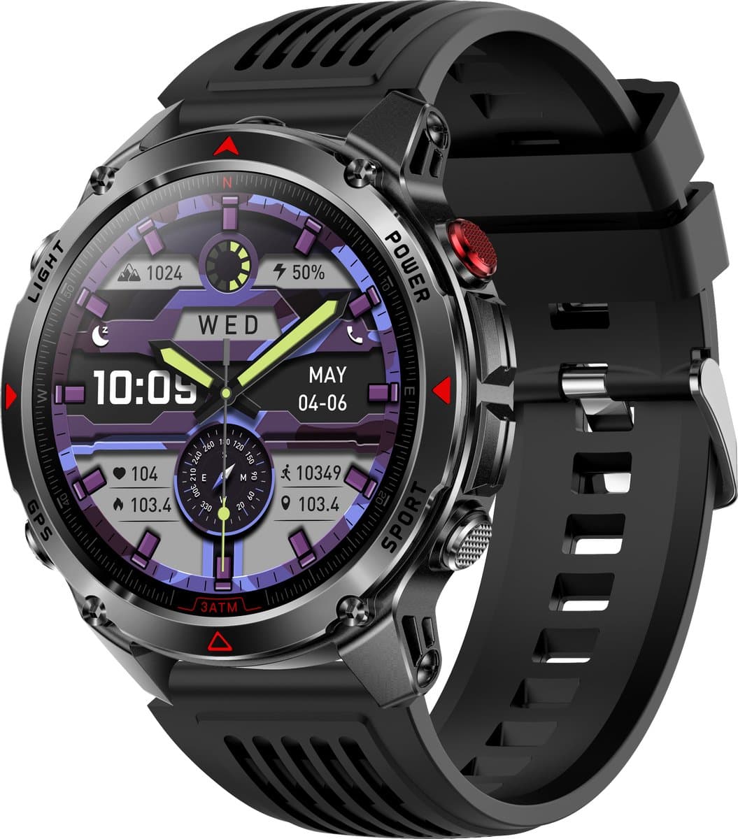 Knobbout 1.46” Scherm (3.7cm) GPS Outdoor Smartwatch – 6 Satelliet Positionering - Kompas & Hoogtemeter -LED-zaklamp - Hartslag & SpO₂, 30 m Waterdicht - 540mAh Batterij, Bluetooth 5.3- Zwart — afbeelding 1