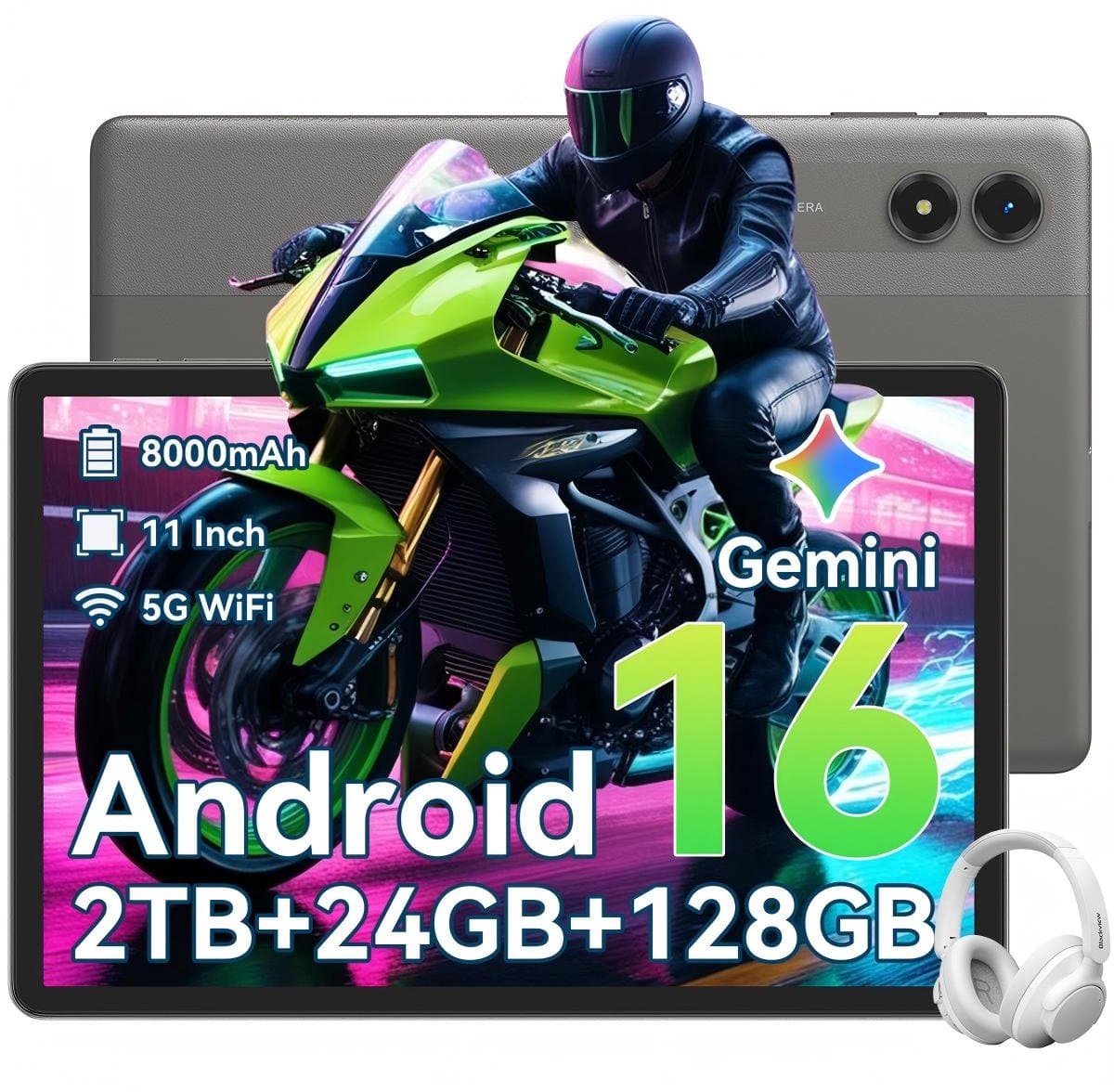 TABWEE Tablet - T50 Tablet - met over-ear hoofdtelefoon - 24GB RAM - 128GB ROM - Android 16 - 11 inch - 8000mAh - WIFI Tablet - OTG - Grijs — afbeelding 1