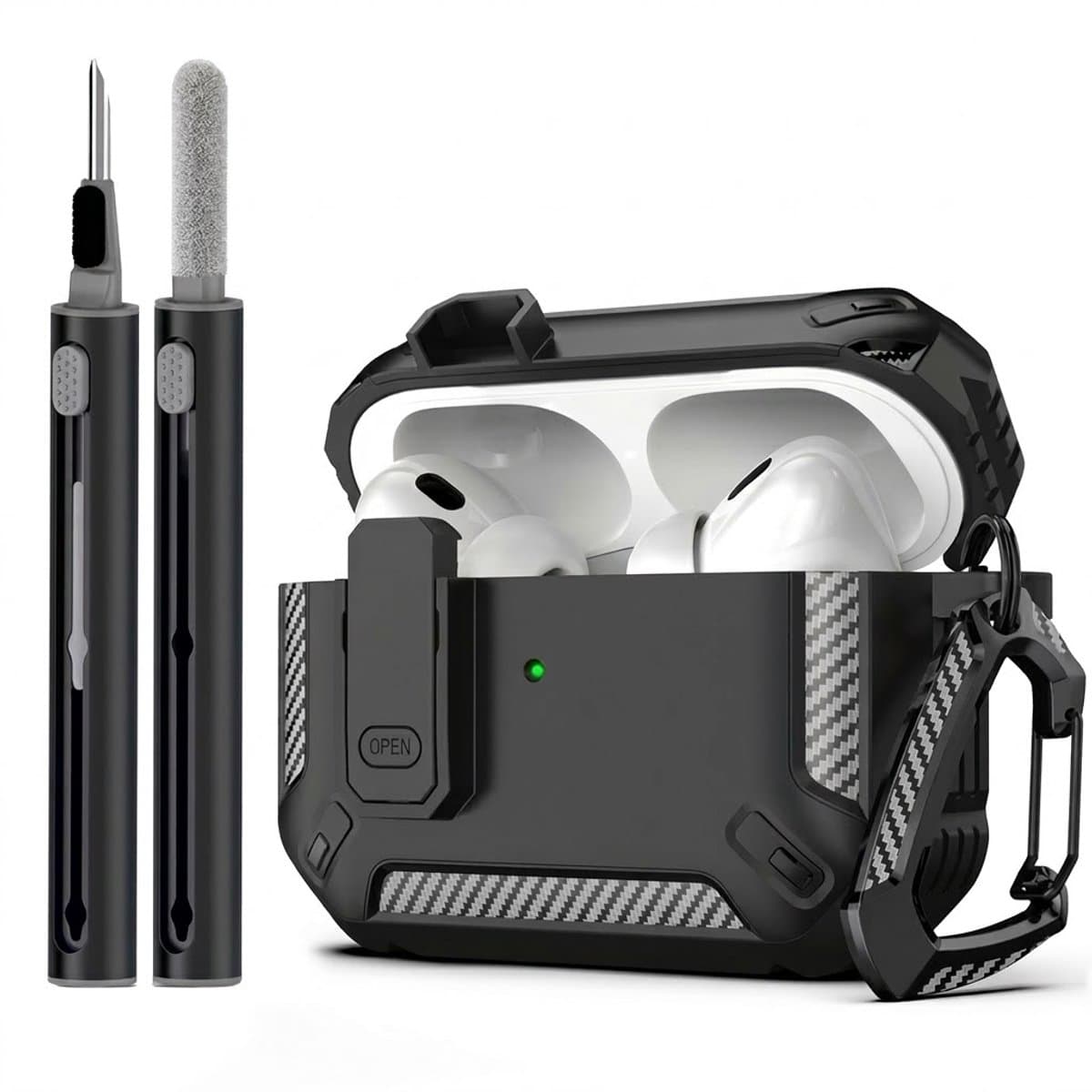 Zwart robuust hoesje voor oordopjes met carbon look geschikt voor AirPods Pro 2 inclusief schoonmaakset en karabijnhaak – schokbestendig en duurzaam — afbeelding 1