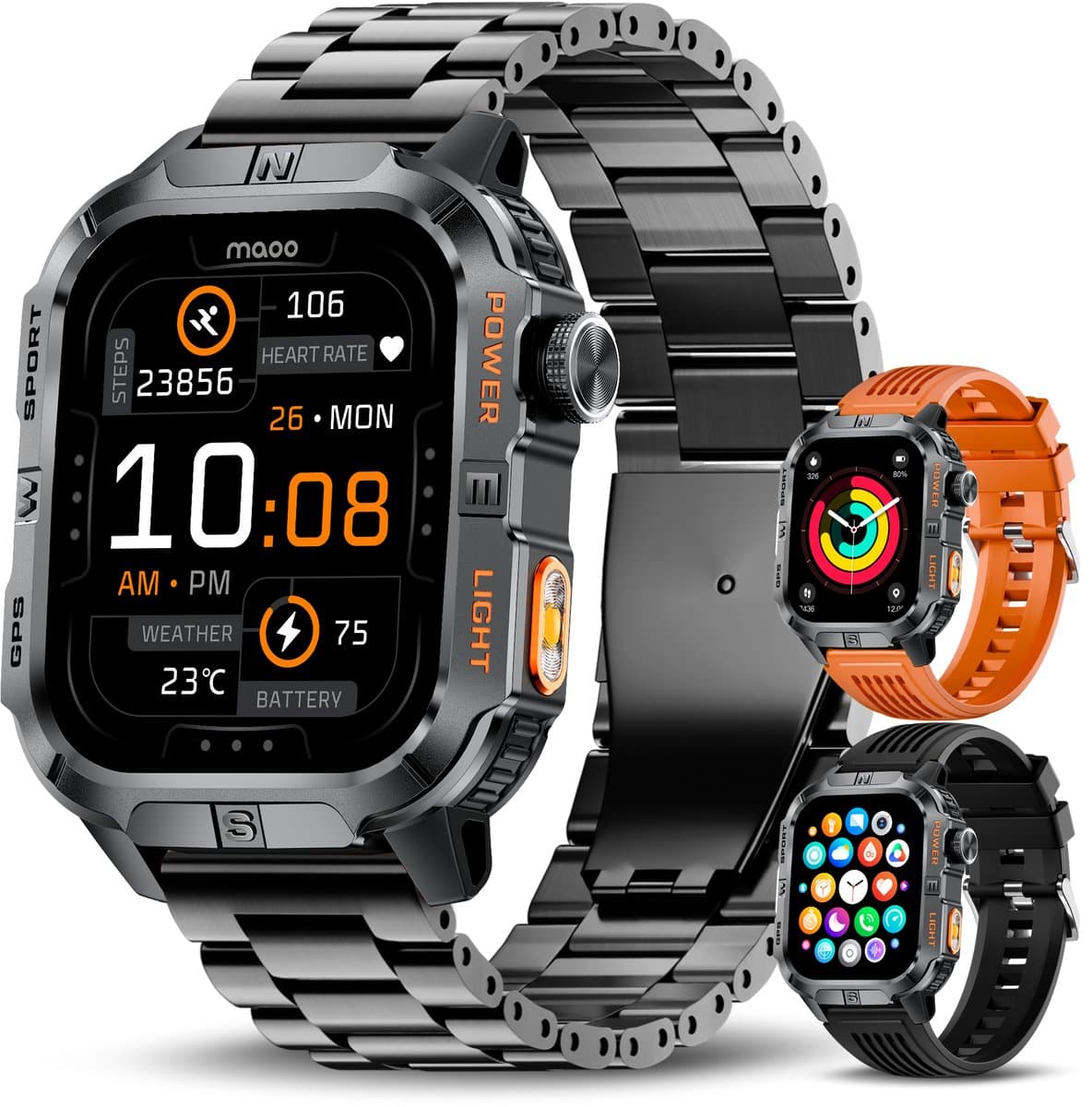 Maoo FORGE GPS Square - GPS Smartwatch Heren - Sporthorloge - 3 Bandjes - Stappenteller - Hartslagmeter - Slaapmonitor - Belfunctie - LED Zaklamp - Multisport - Geschikt voor Android en iOS - Gun Metal Orange — afbeelding 1