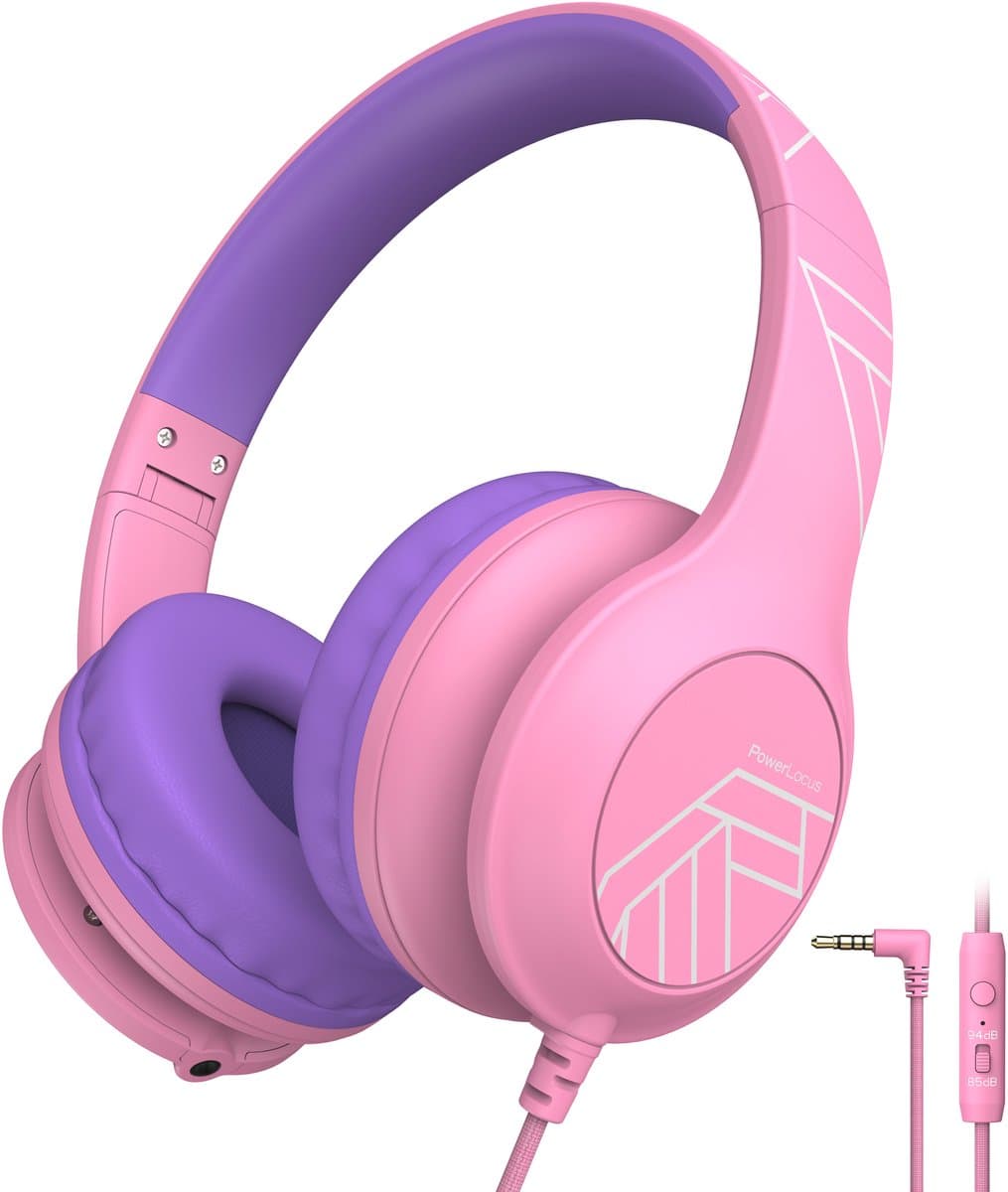 PowerLocus PLED Wired Kinder Koptelefoon met Draad - Koptelefoon voor kinderen - Veilig volume van 85dB en 94dB - Hoofdtelefoon - Met microfoon - Sharing Audio Functie - Roze — afbeelding 1