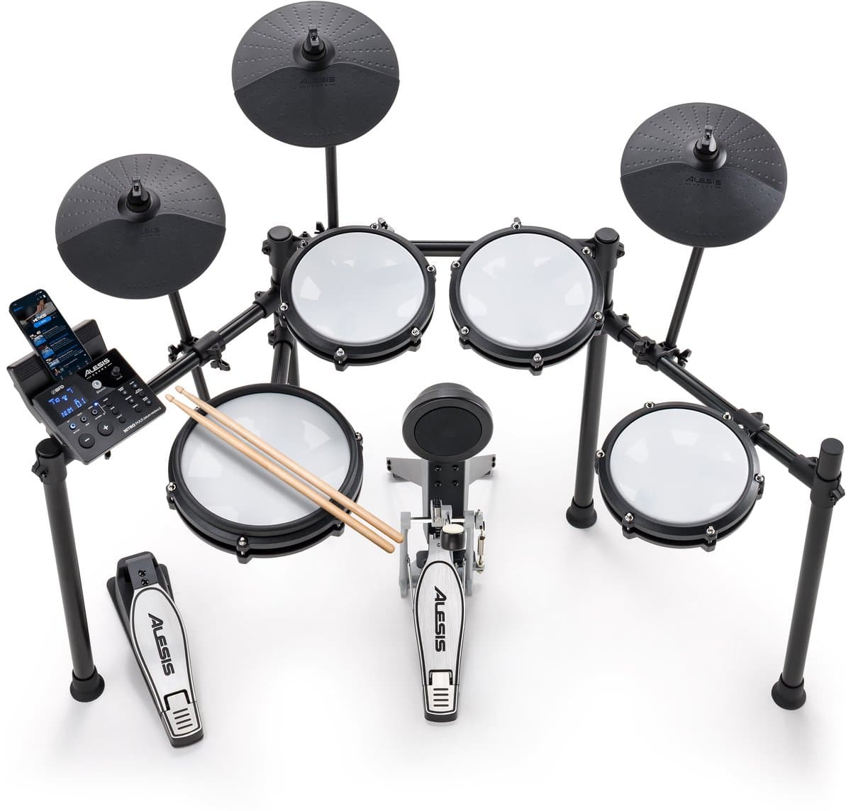 Alesis Nitro Max Kit Elektrisch Drumstel met Stille Mesh Pads, 10" Dual Zone Snare, Bluetooth, 440+ Authentieke Klanken, Drumeo, USB MIDI, Kick Pedaal — afbeelding 1
