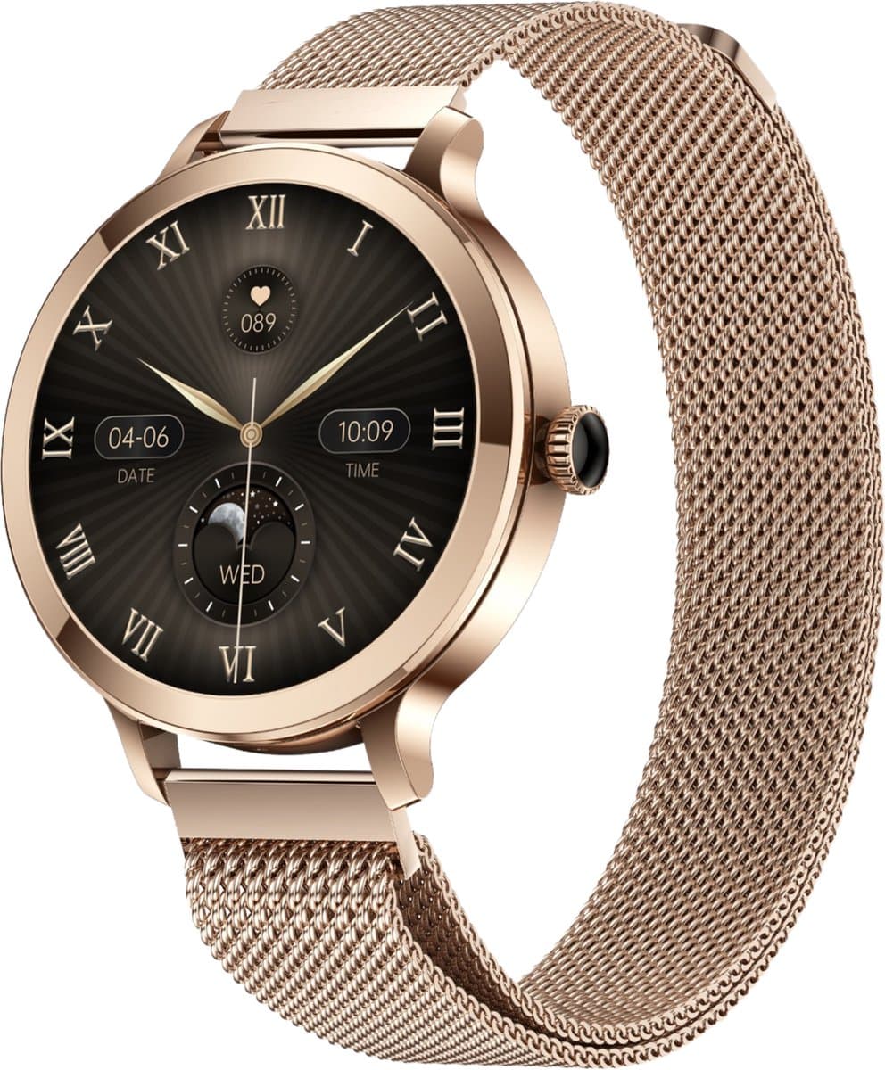 SAMMIT Smartwatch Dames - Goud - Full Touchscreen – IOS en Android – Stappenteller - Met Roze Bandje - 36mm — afbeelding 1