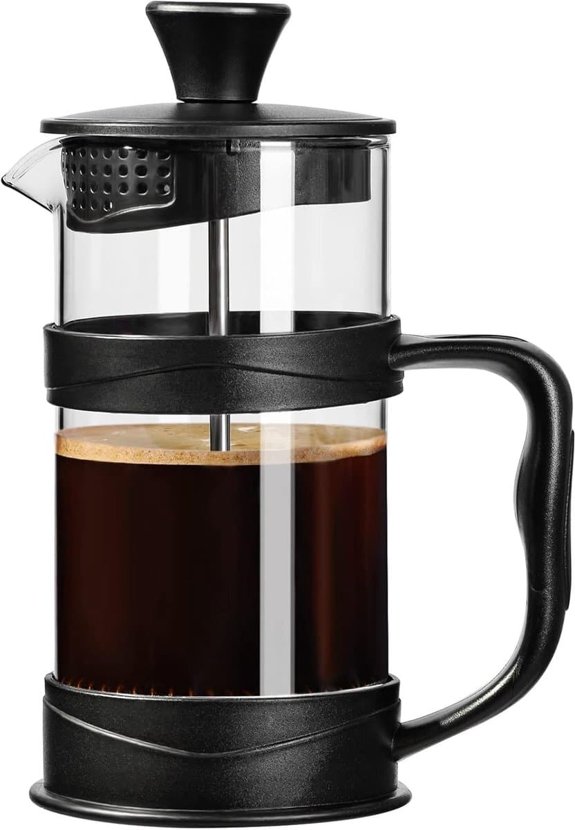 French Press Koffiezetter 350 ml – RVS Filter & Hittebestendig Glas – Cold Brew & Heet Koffie – Reizen & Thuis (Zwart) — afbeelding 1