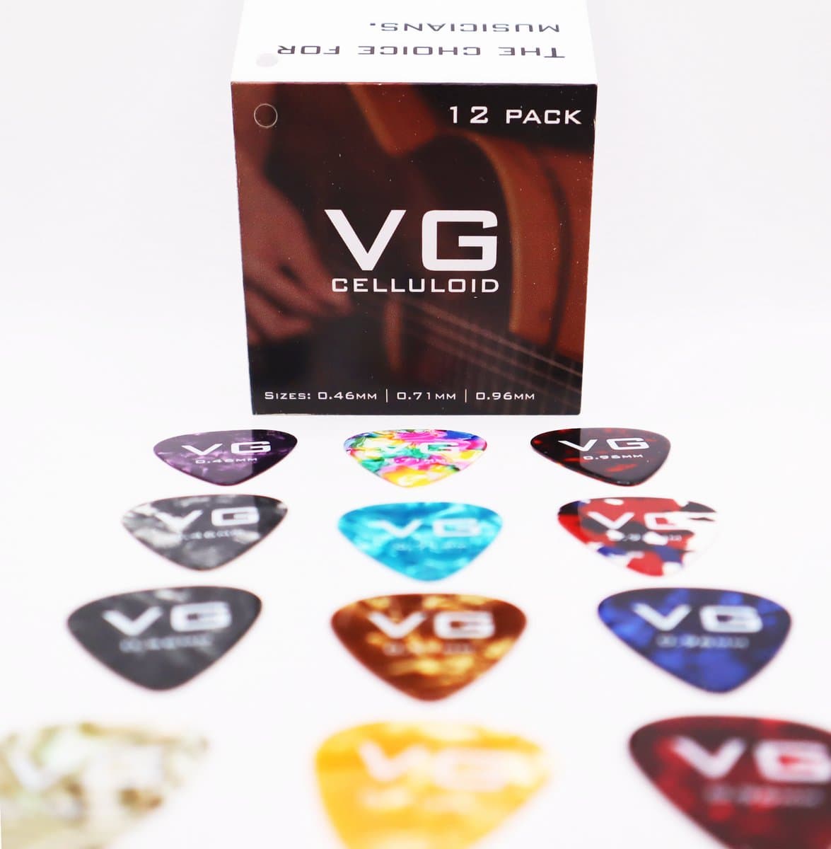 VG plectrum set 12 Celluloid plectrums - diktes thin 0.46 medium 0.71 en thick 0.96 mm — afbeelding 1