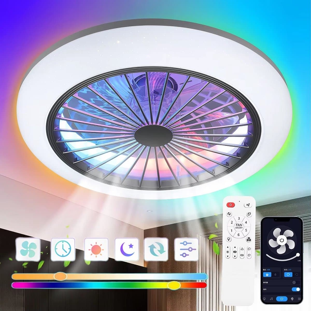 RGB Plafondventilator - Met Speaker - Dimbaar Met Afstandsbediening - 12 Kleuren - 50W - RGB Muziek Ventilator - Woonkamerlamp - Kroonluchter Ventilator — afbeelding 1
