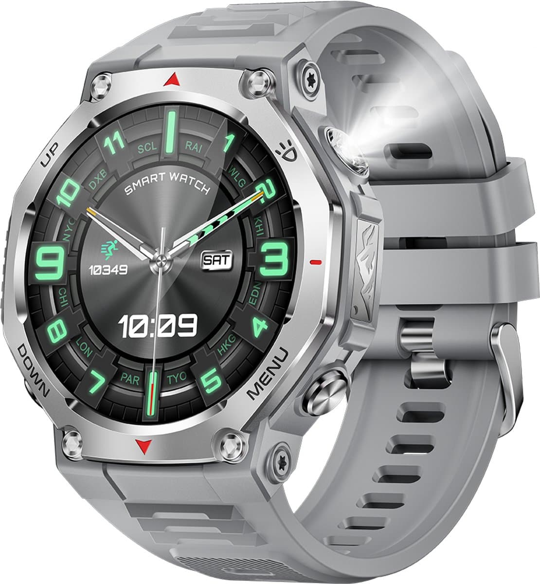 Knobbout 1.43” Scherm AMOLED Smartwatch – 466×466 HD Scherm – 5ATM Waterdicht (tot 50m) – LED Zaklamp + UV-Licht + SOS Noodflits – Bluetooth Bellen – 525mAh Lange Batterijduur – Outdoor & Sporthorloge voor Android/iOS-Grijs — afbeelding 1