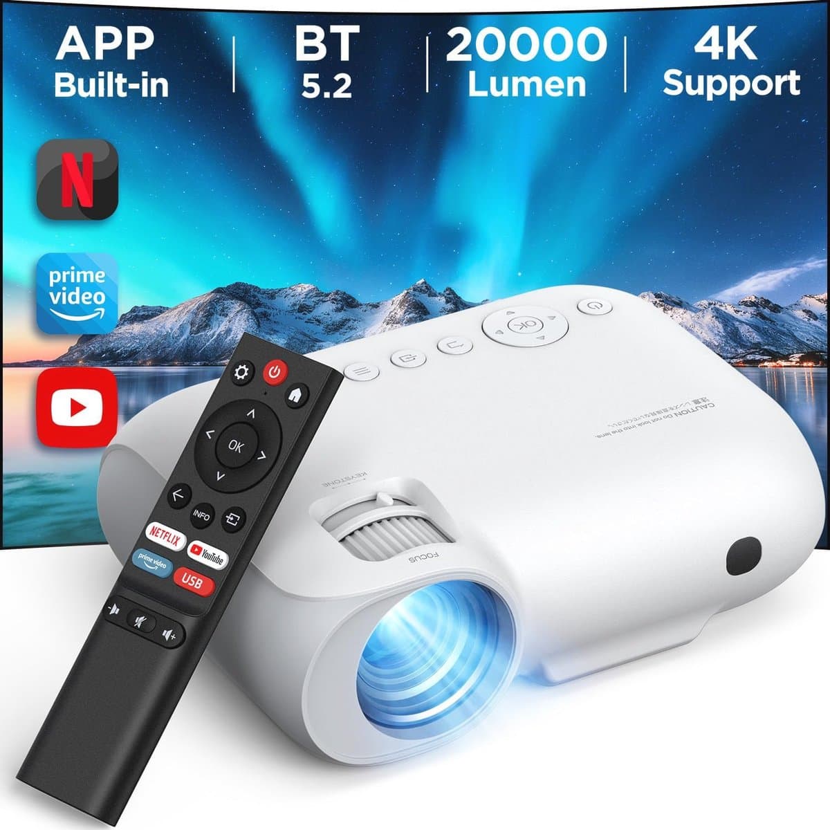 4K Beamer met WiFi en Bluetooth - Draagbare Multimediaprojector voor Thuisbioscoop, 1080P FHD-Compatibel, Streaming voor Netflix en Meer — afbeelding 1