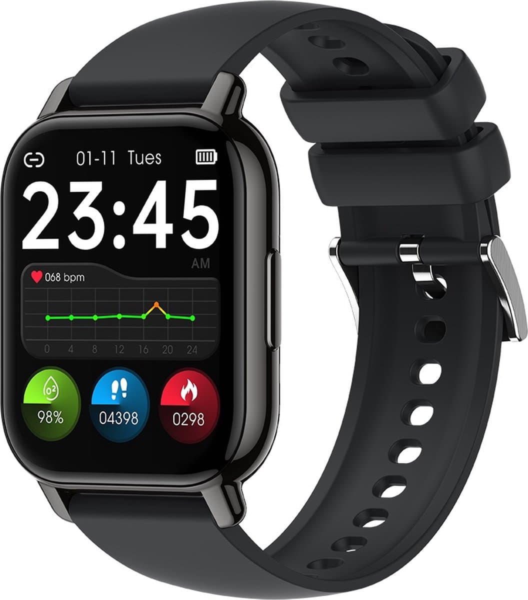 Belesy® PARK 66 - Smartwatch Dames - Smartwatch Heren - Horloge - 1.85 inch – kleurenscherm – Stappenteller – Bellfunctie- Gezondheidsindicatoren – Je eigen foto als wijzerplaat - Siliconen - Zwart - Moederdag — afbeelding 1