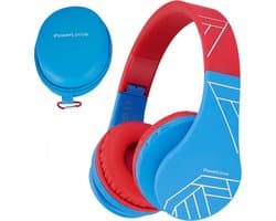 PowerLocus P1 Kids Kinder Koptelefoon Draadloos - Koptelefoon voor kinderen - Veilig volume van 85 dB - Bluetooth Hoofdtelefoon - Met microfoon - incl. Premium Case - Blauw/Rood