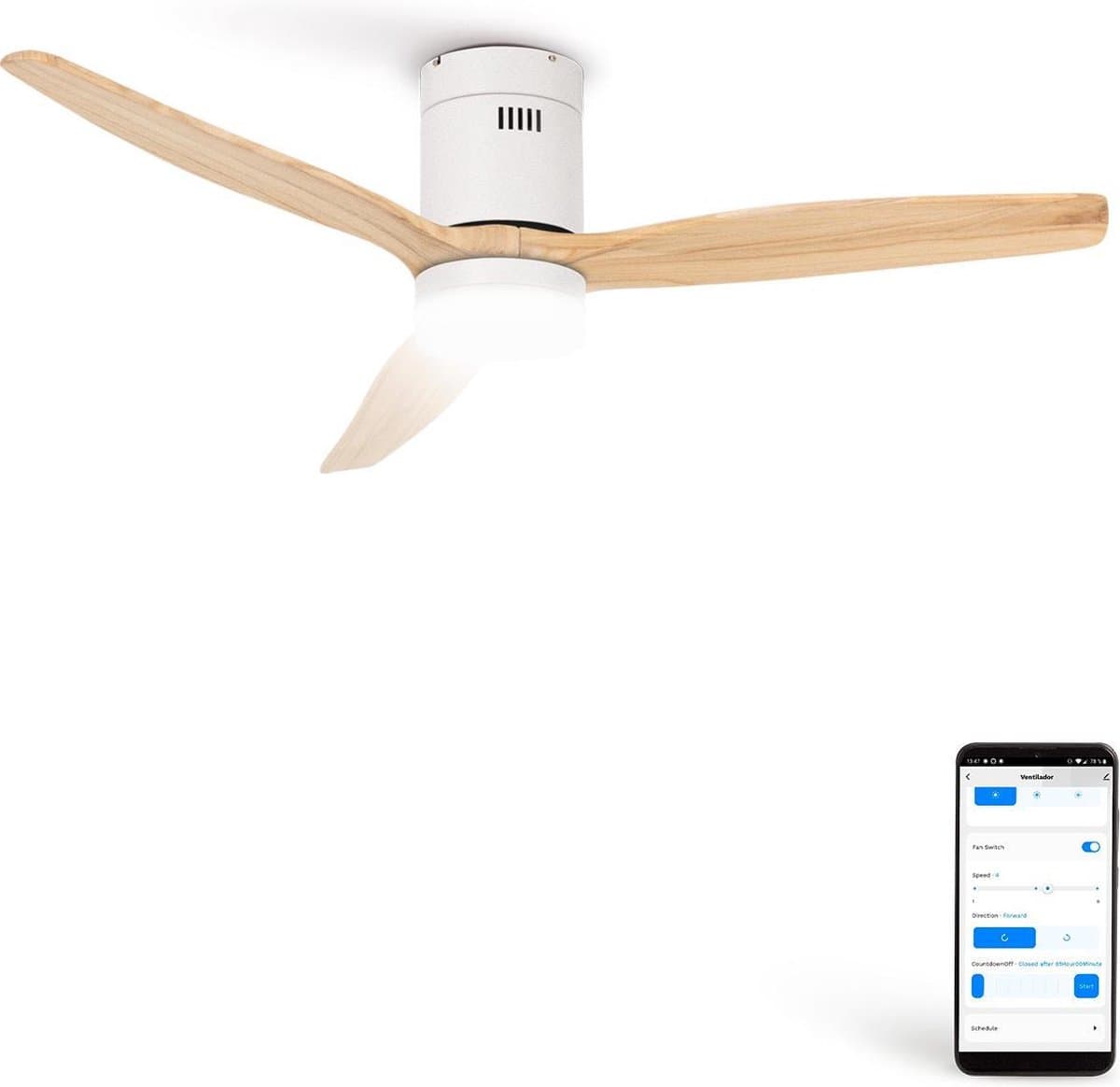 CREATE - Plafondventilator 40W silent Ø132 cm - Met Verlichting drie temperaturen - Met Wifi - Met Afstandsbediening - 6 Snelheden - Timer - Zomer/Winter functie - Wit - WIND CALM — afbeelding 1