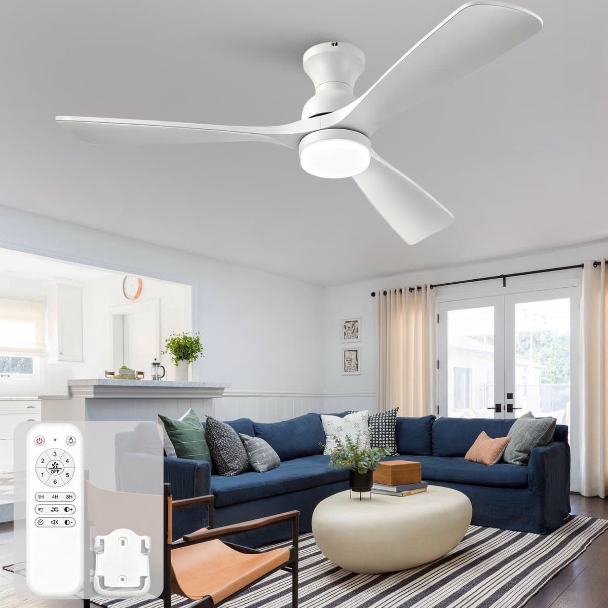 Plafondventilator 52 inch wit met 3 massief houten bladen, verlichting en afstandsbediening - 3 kleurtemperaturen - dimbaar - omkeerbaar - meerdere snelheidsstanden - stille werking — afbeelding 1