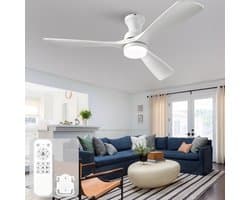 Plafondventilator 52 inch wit met 3 massief houten bladen, verlichting en afstandsbediening - 3 kleurtemperaturen - dimbaar - omkeerbaar - meerdere snelheidsstanden - stille werking