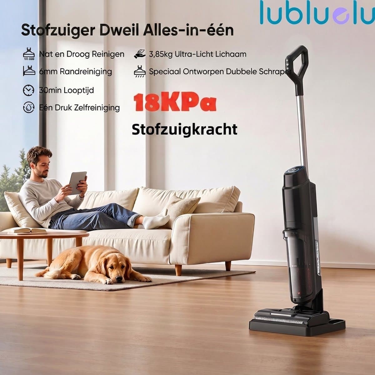 Lubluelu T8 nat- en droogzuiger - 18Kpa Draadloze Nat- en droogzuiger met zelfreinigend systeem– Alles-in-één vloerreiniger - 960ML Grote watertank - Snel opladen - Geschikt voor Harde vloer — afbeelding 1