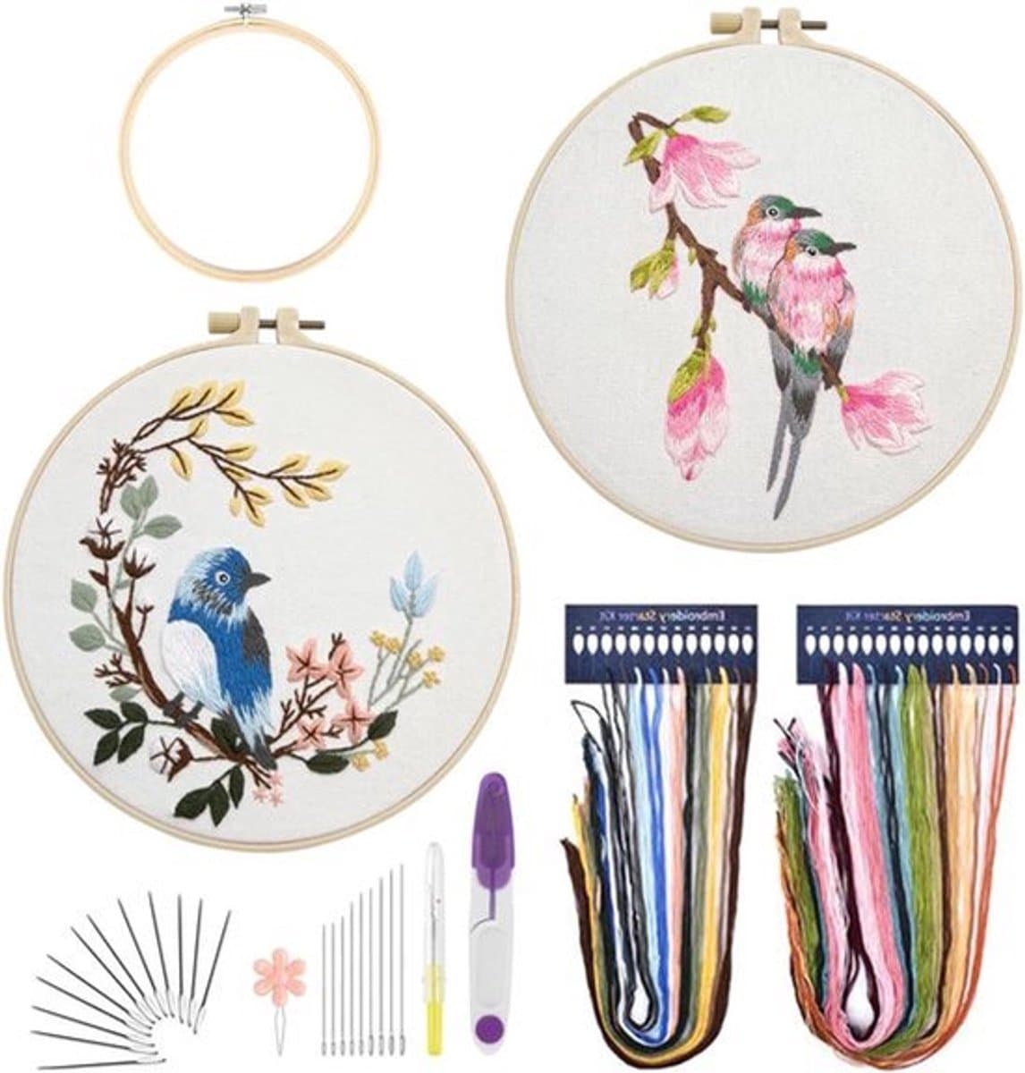 2 sets borduurset voor beginners - kolibrie en bloemenkruissteek-startersets met handleiding — afbeelding 1