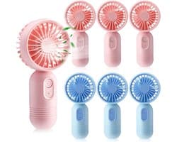 Set van 7 mini draagbare ventilatoren, schattig en lichtgewicht, compact en draagbaar, 3 windsnelheden, USB oplaadbaar, unisex, geschikt voor binnen- en buitengebruik, make-up en op reis (roze en blauw).
