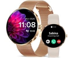 Avalue - AMOLED Dames Smartwatch - Hartslagmeter - Slaapmonitor - Vrouwengezondheid - Multisport - Android & iOS - RVS en Siliconen Band- Goud