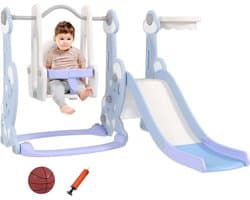 Rutsche 4-in-1 Kinderrutsche mit Schaukel, Basketballkorb, Klettergerüst, Kleinkinderrutsche mit Raketendesign Kinder Spielplatz für Indoor und Outdoor 1,5-4 Jahren Kinder Hellblau