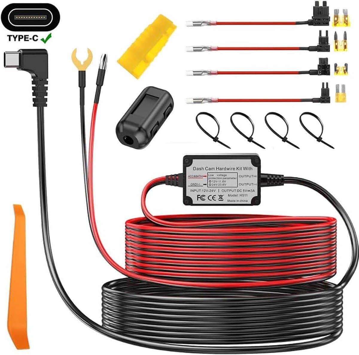 Dashcam-hardwire kit, type C USB-kabelset, 12 V-24 V naar 5 V 3 A kabelset met onderspanningsbeveiliging, 3,5 m lange dashcam-oplaadkabel voor dashcam-GPS-voeding, radarwaarschuwing, enz. — afbeelding 1