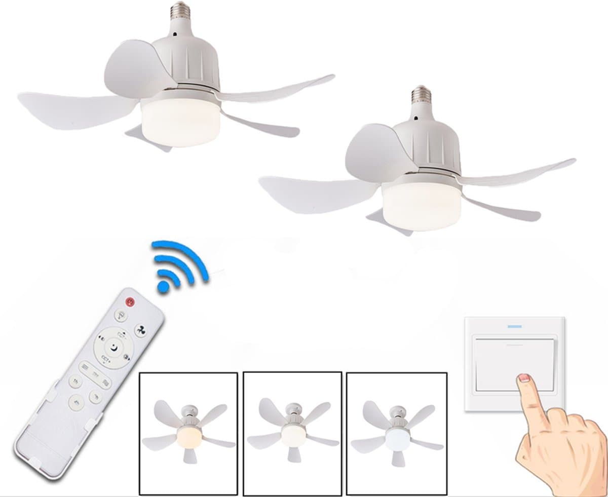 KZQ Plafondventilator - 2 Stuks - Wit - Incl 23W Lamp - Licht Apart Schakelbaar - Afstandsbediening - Dimbaar - Traploos Instelbare Lichtkleur - Nachtlampje - Geheugenfunctie - 3 Snelheden - Timer - Zomer En Wintermodus — afbeelding 1