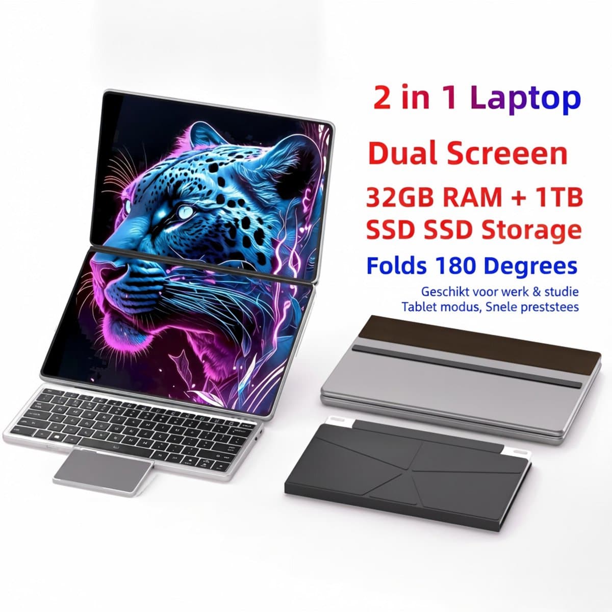 2-in-1 Laptop 14" Dual-Screen Intel N150 16GB RAM 1TB SSD Windows 11 Pro WiFi 6 Touchscreen — afbeelding 1