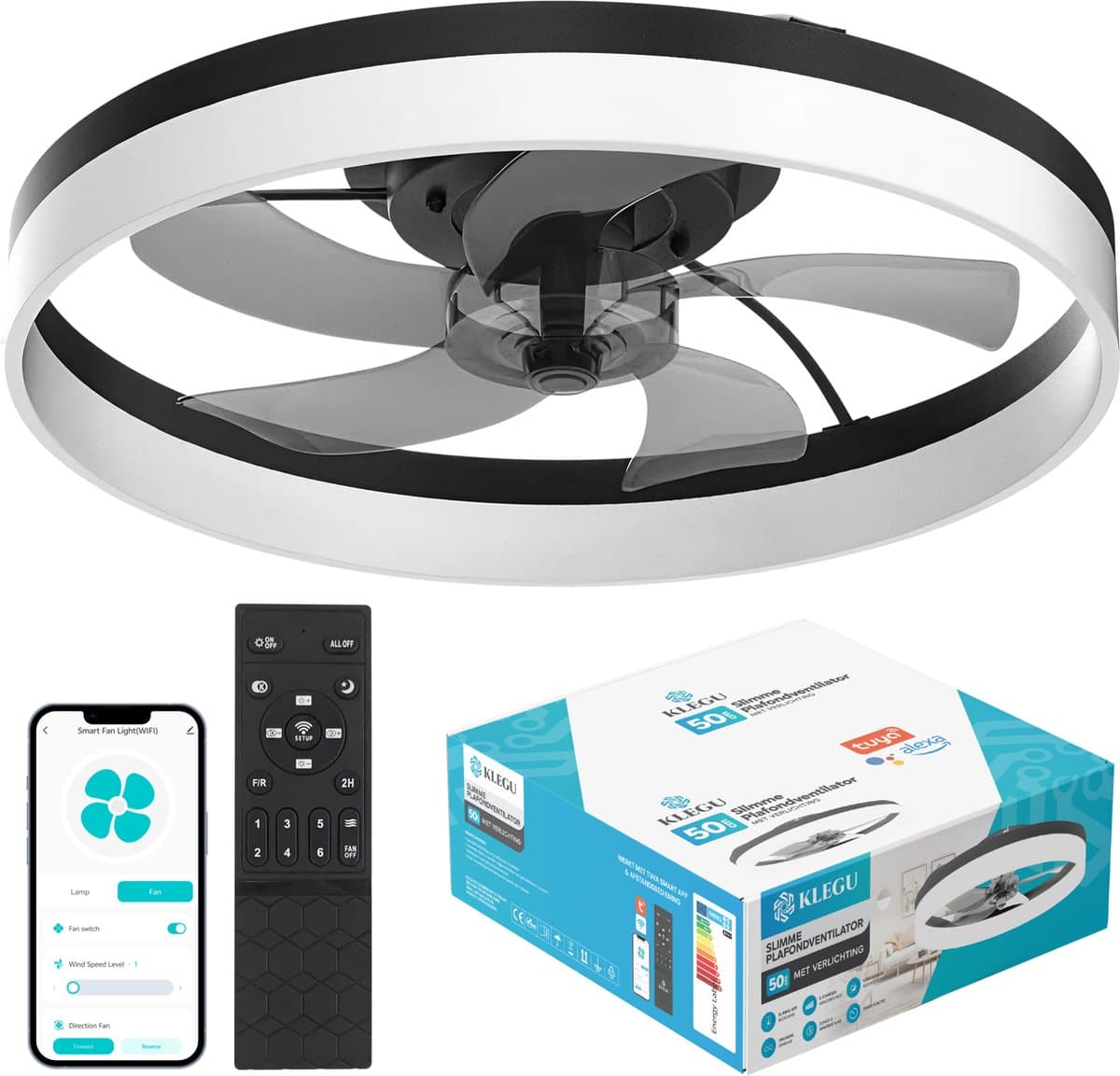Klegu Slimme Plafondventilator met Verlichting - 6 standen - Dimbaar - 50cm - WIFI - 3000k-6500k - App & afstandsbediening - Google home & Alexa - ventilator - plafondlamp — afbeelding 1