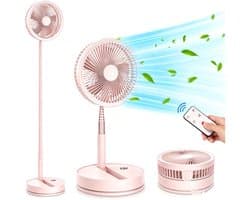 Casalora Opvouwbare vloerventilator – Draagbare ventilator – Reisventilator – Stille bureauventilator – 4 snelheidsstanden – 180 graden verstelbare hoek – Geschikt voor slaapkamer, camping, kantoor en op reis – Roze