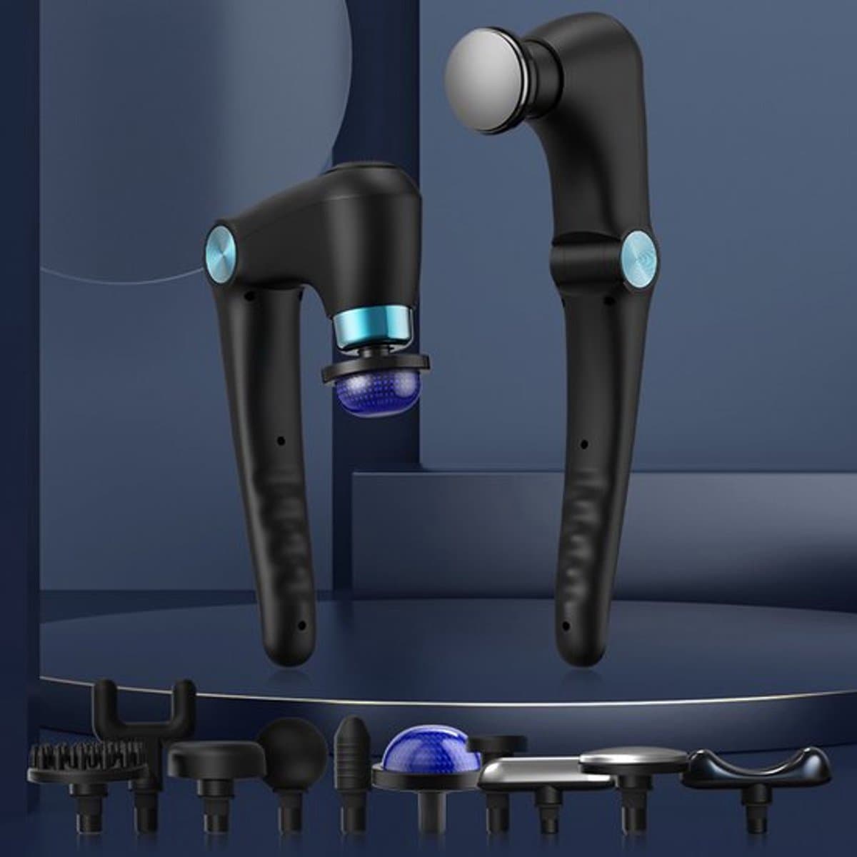 Massagepistool met 10 verwisselbare opzetstukken, massagepistool met verwarmingsfunctie, rugmassageapparaat geschikt voor diepe weefselpijn, massager voor spierherstel van schouders en rug (blauw) — afbeelding 1