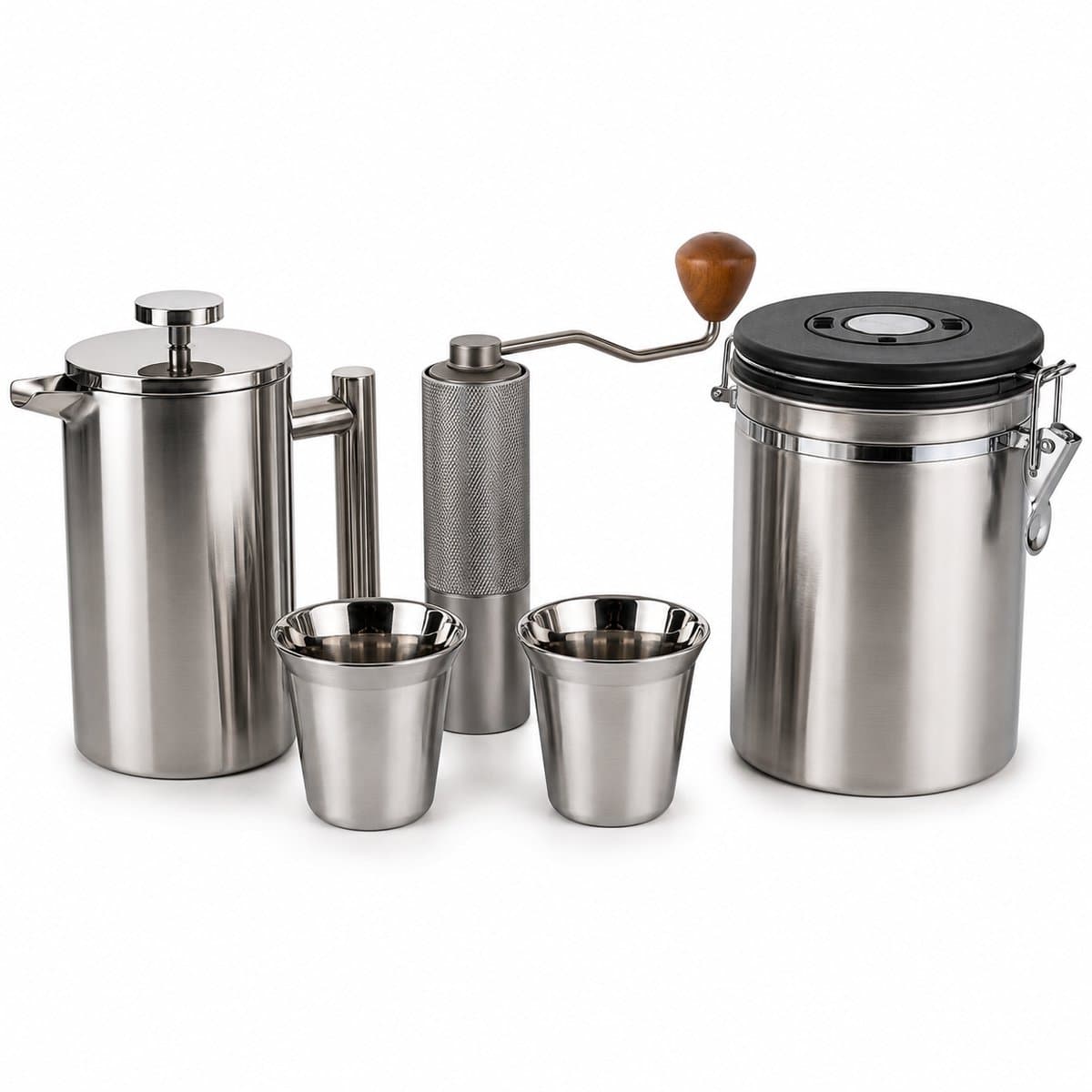 My Green Deal RVS Koffieset – French Press 600 ml – Handmatige Koffiemolen – Koffiebus 1,8 L – 2 Koffiebekers — afbeelding 1
