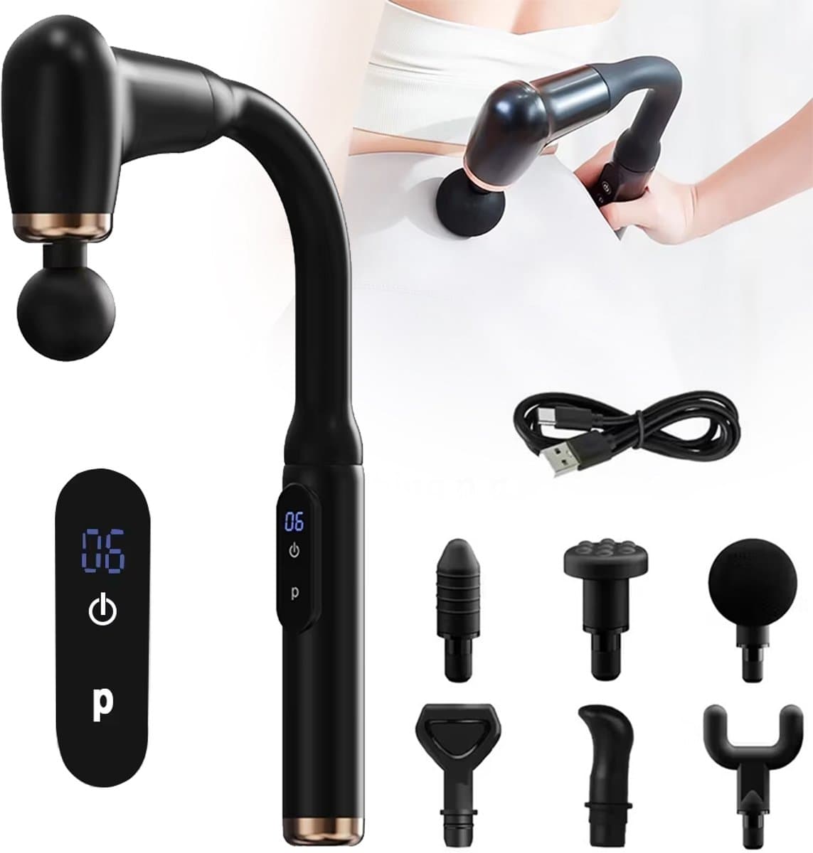 Massagepistool Met Verlengstuk - Rug- En Nekmassageapparaat - 6 Massagekoppen En 3 Standen - Spiermassagepistool — afbeelding 1
