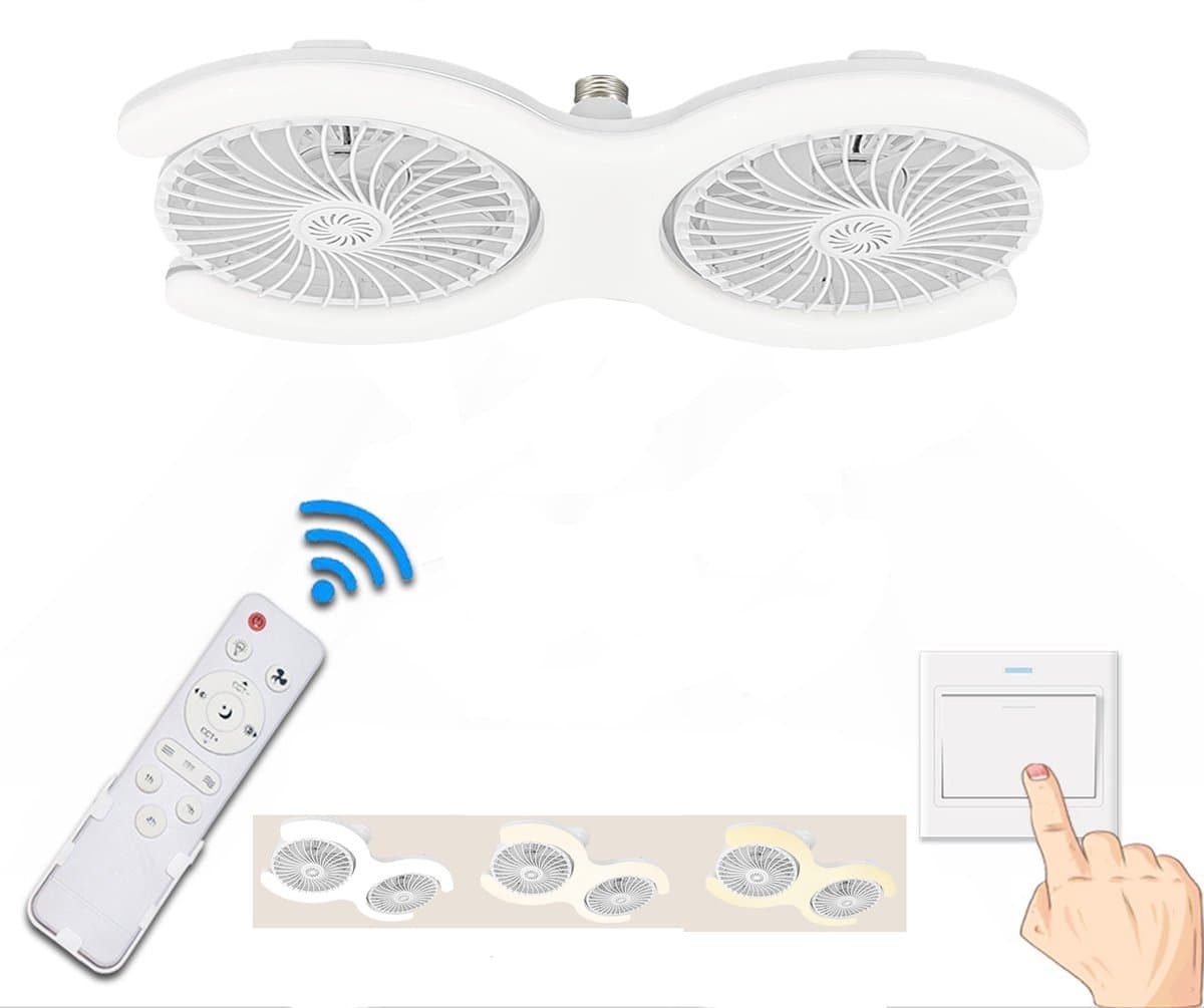 KZQ Plafondventilator Met Led Lamp - Dubbele Kop - E27 Schroefbasis - Met Afstandsbediening - 3 Snelheden - Geschikt Voor Kleine Ruimtes Thuis Kantoor En Studentenkamer - 1 Stuk — afbeelding 1
