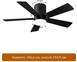 2-in-1 Plafondventilator, LED-Plafondventilator, 3 Instelbare Kleuren, 6 Snelheden, 5 Bladen, Timerfunctie, Geschikt voor Zowel Winter als Zomer, Ideaal voor Meer Comfort (Zwart, 107 cm)