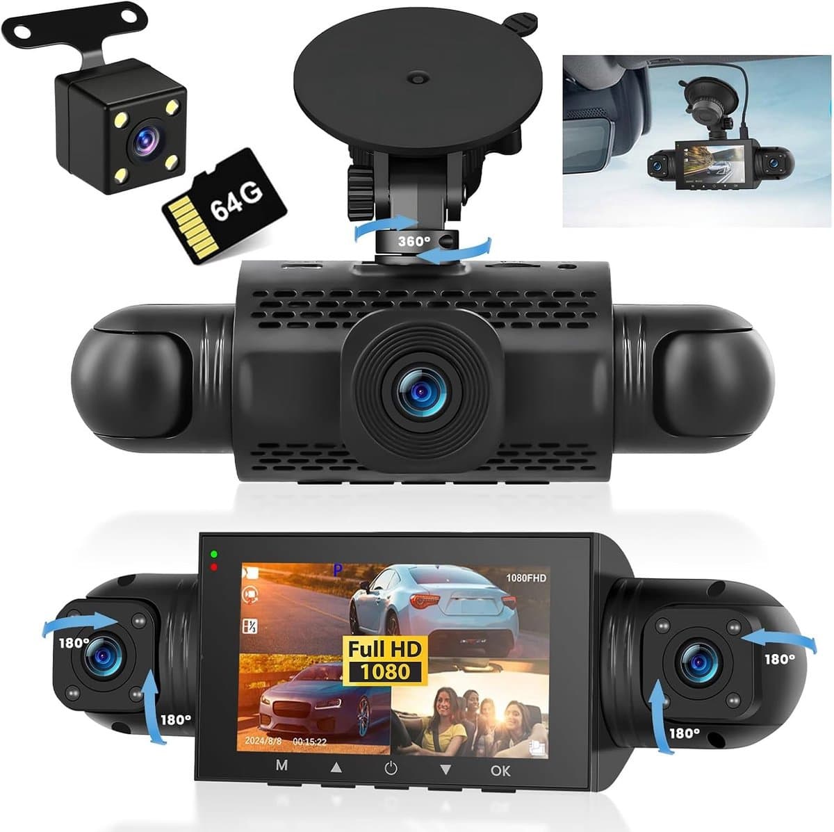 Dashcam voor auto - Zwart - 3 inch IPS-scherm - 1080P HD dubbele camera met nachtzicht en G-sensor - Voor alle voertuigen — afbeelding 1