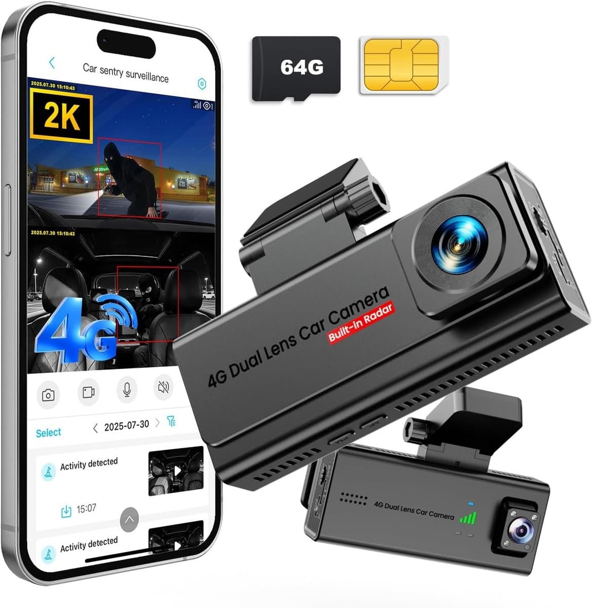 Dashcam voor auto - Zwart - 2K Dual Camera met 4G LTE en GPS - Parkeerbewaking en Live Toegang - Voor Gezinnen en Rijdiensten — afbeelding 1