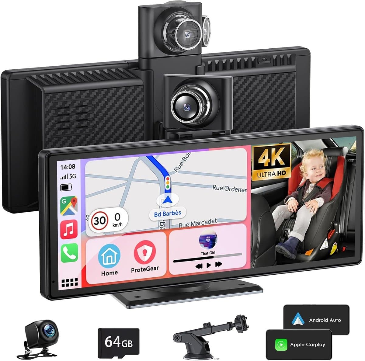 Dashcam voor auto - Zwart - 9,26 Inch - Draadloos Touchscreen met 4K Dashcam en 1080P Achteruitrijcamera - Met GPS en Spraakbesturing — afbeelding 1