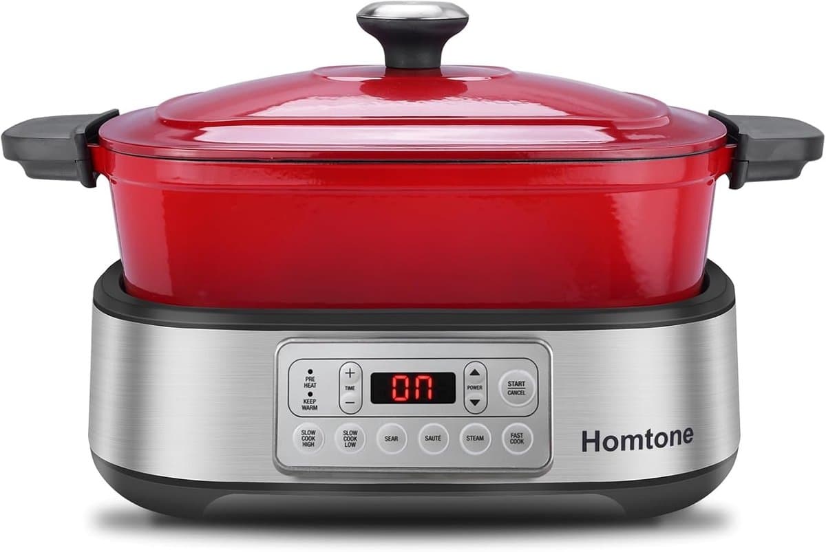 Multicooker - Rood - 5,5 Liter - Afneembare Emaille Pan met Keramische Antiaanbaklaag - Voor Langzaam Koken en Braden — afbeelding 1
