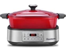 Multicooker - Rood - 5,5 Liter - Afneembare Emaille Pan met Keramische Antiaanbaklaag - Voor Langzaam Koken en Braden