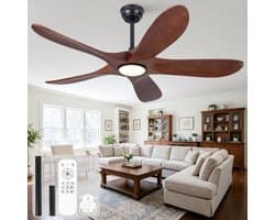 52 inch Plafondventilator - Met verlichting en afstandsbediening - 3 kleurtemperaturen en dimbaar - Zes snelheidsstanden - Stille werking - Vijf massief houten bladen