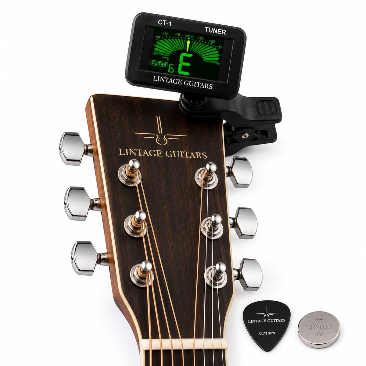 Lintage Guitars GT-01 Stemapparaat – Gitaar Stemmer Tuner – Chromatisch – Clip-On – Gitaar, Basgitaar, Viool & Ukulele – Inclusief Batterij & Plectrum — afbeelding 1