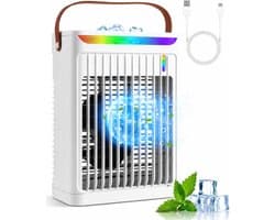 Luchtkoeler - Draagbare airconditioner - Met handvat Persoonlijke Koeler - Watertank van 680 ml - Met 5 ventilatorsnelheden en 2 nevelstanden en 7 kleuren Sfeerverlichting - Met 2/4/6 uur timer - Voor slaapkamer en kantoor - Wit