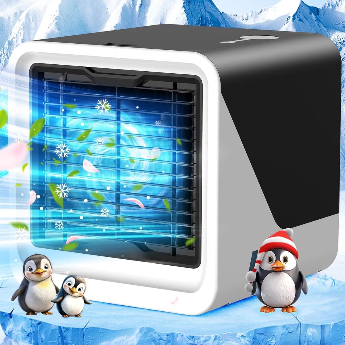Draagbare luchtkoeler–3-in-1 draagbare persoonlijke airconditioner – Watertank van 500 ml – 3 ventilatorsnelheden & ledverlichting in 7 kleuren – Ventilator met verdampingskoeling (USB-voeding) – Geschikt voor kamers, bureaus en kantoren – Zwart — afbeelding 1