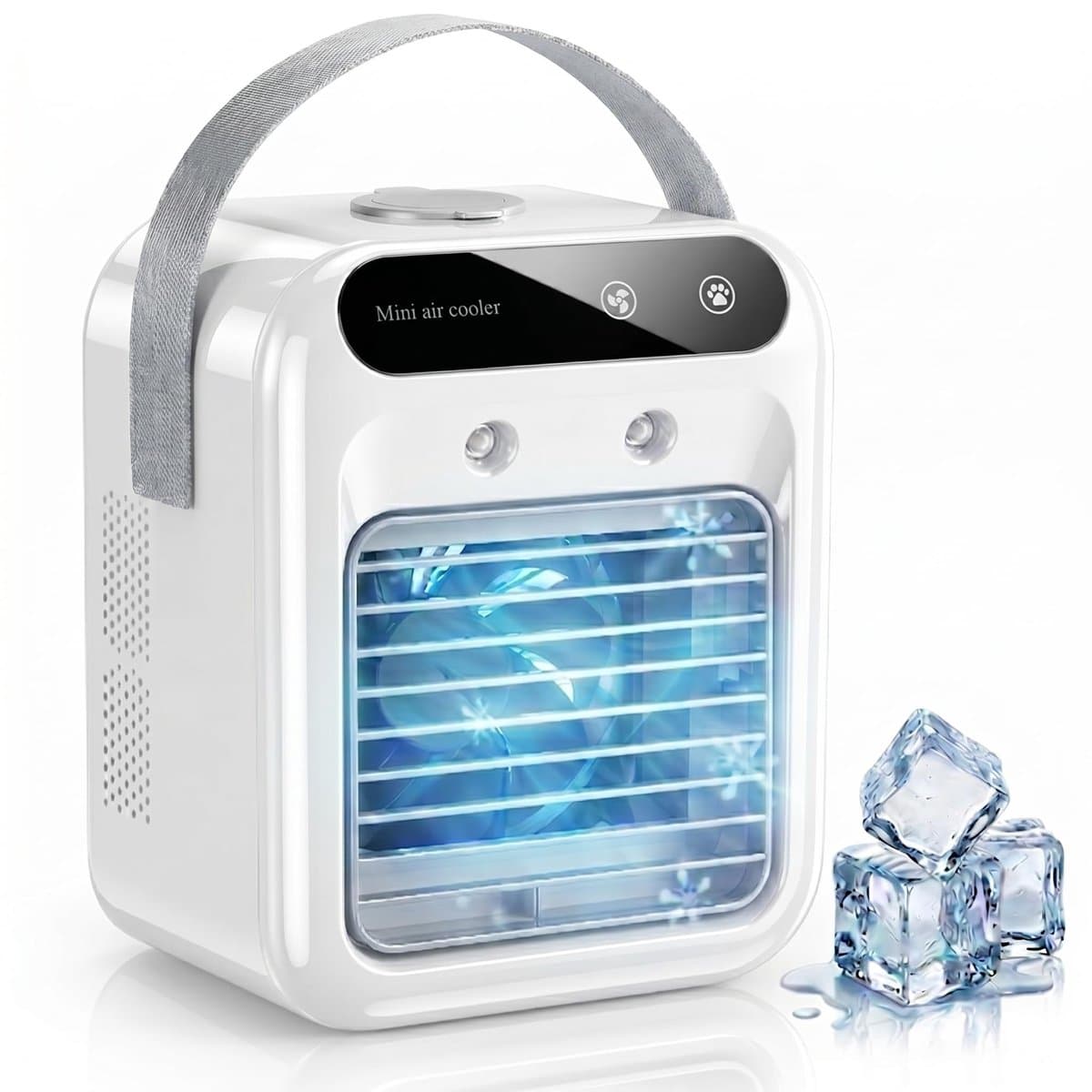 Draagbare luchtkoeler - mini-airconditioner met 1800mAh-batterij en handvat - 500ml-watertank - 3-in-1 verdampingskoeler en luchtbevochtiger - stille luchtkoeler voor slaapkamer - kantoor en camping - wit — afbeelding 1