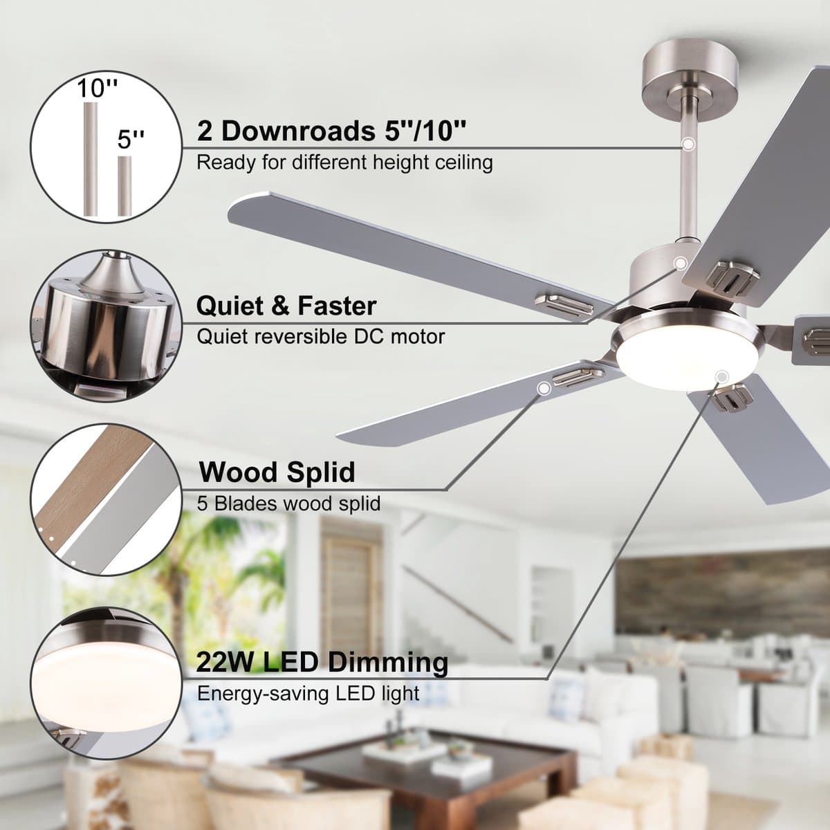 HAUSS SPOLE Plafondlamp Met Ventilator – Dimbaar En 3 Lichtkleuren – 132 x 132 x 45 cm – Metaal En Hout – Nikkel – Afstandsbediening — afbeelding 1