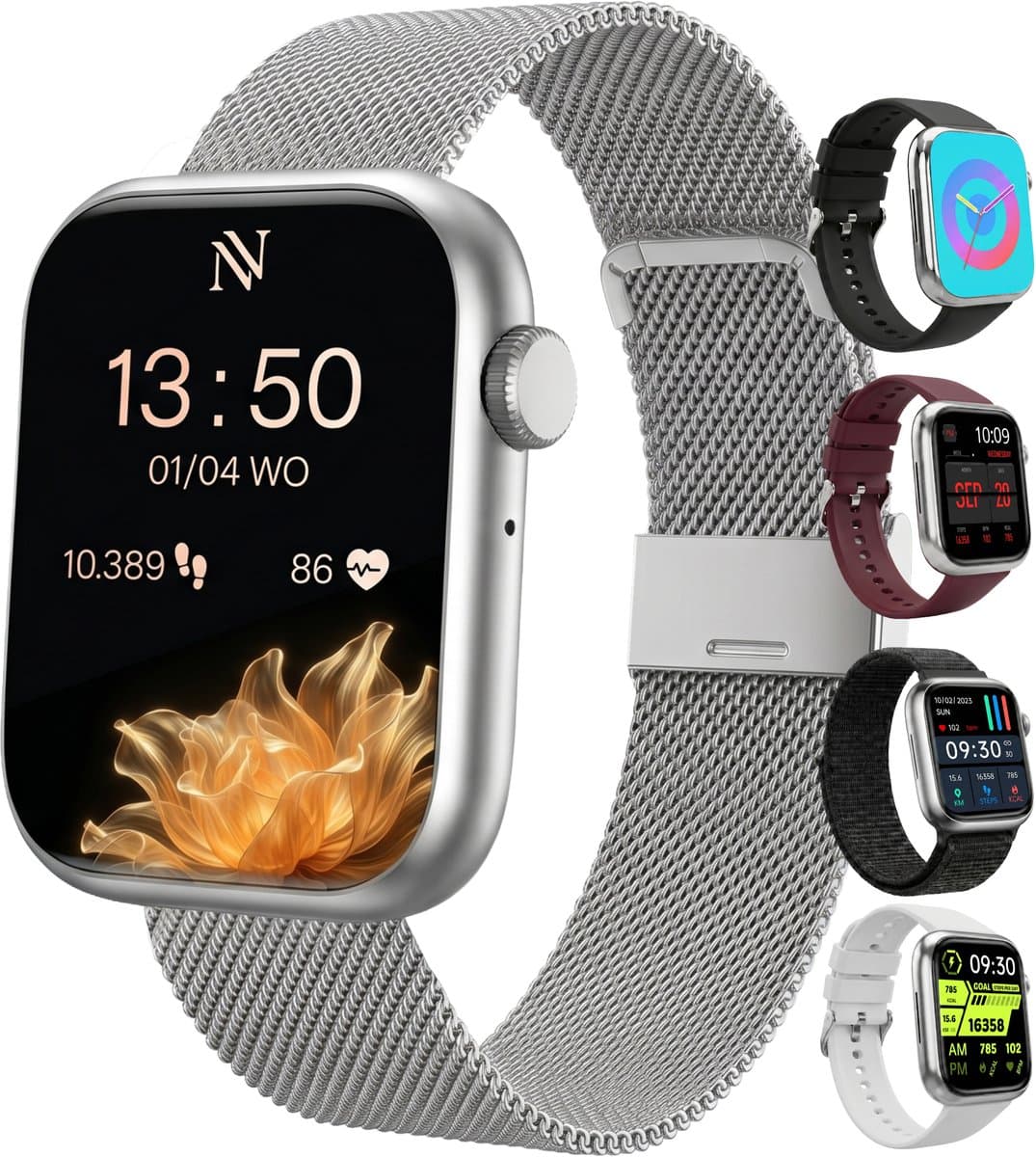 Nuvance Smartwatch Dames - Smartwatch Heren - Stappenteller Horloge Dames - Hartslagmeter - Sporthorloge - Geschikt voor iOS/Android - Incl. 5 Bandjes - Zilver — afbeelding 1