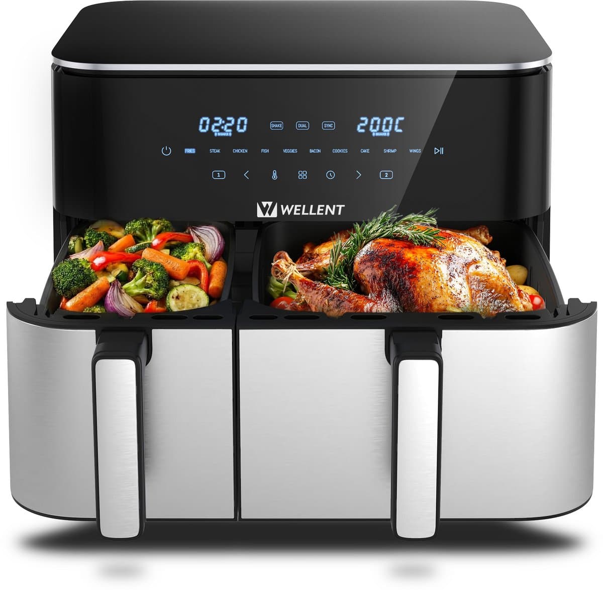 WELLENT Dubbele Airfryer 11L – 4L + 7L – 2 Manden – Airfryer XXL – 2600W – Touchscreen – 10 Programma’s – Smart Finish & Match Cook — afbeelding 1