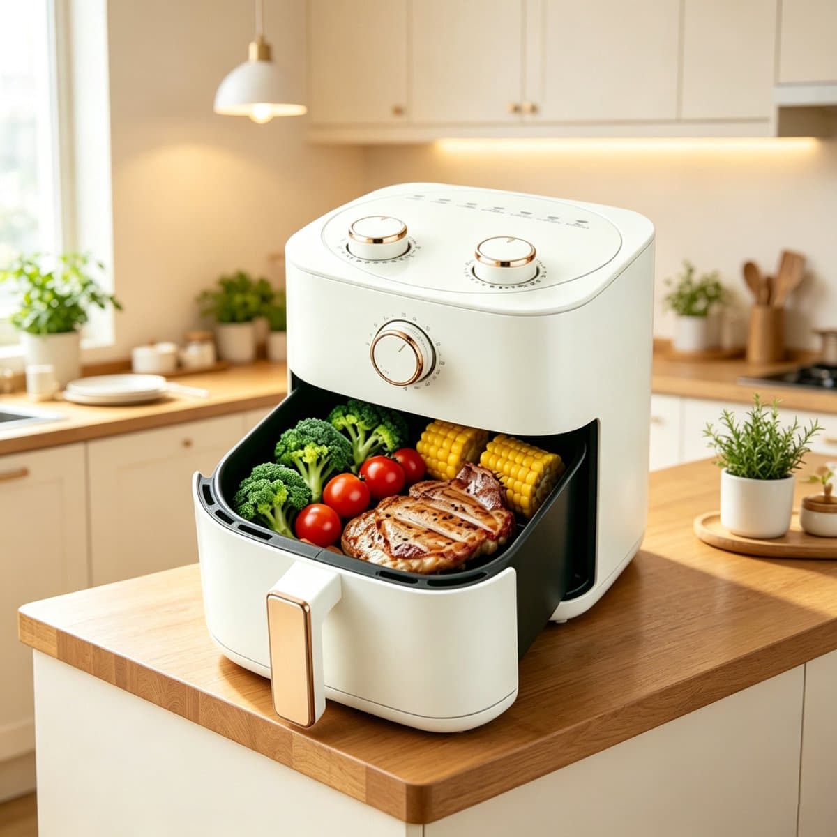 Airfryer met grote capaciteit van 6 liter – Maakt gebruik van 3D-warmtecirculatietechnologie voor olievrij koken (wit) Afmetingen 22,5*22,5*26 cm — afbeelding 1
