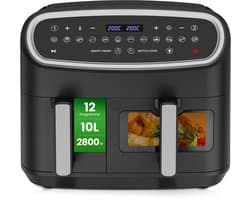 Airfryer 10L met dubbele mand 6L + 4L, 2800W, 12 kookprogramma’s, LED-touchscreen, kijkvenster en microstoomfunctie, 50–200°C, olievrije XXL heteluchtfriteuse voor grote gezinnen, zwart