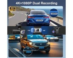 SnelShoppen - Dashcam Achteruitrijcamera 4K + 1080P, WiFi Dash Cam Zonder Draadloze Camera, Dag- en Nacht Recorder met 64G SD Kaart, Nachtzicht, G-Sen